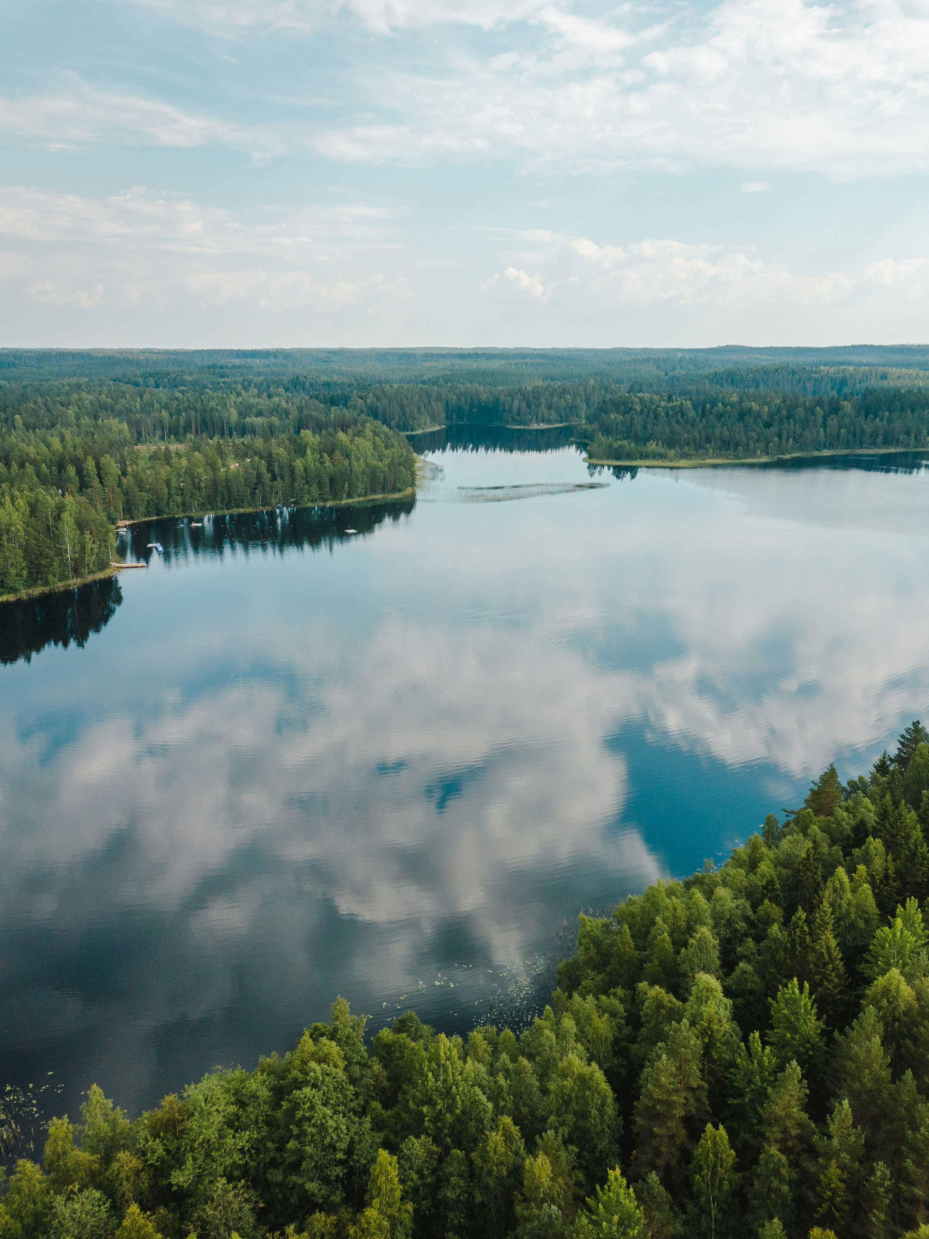 Aerial view of a forest-lined lake reflecting clouds in its calm water